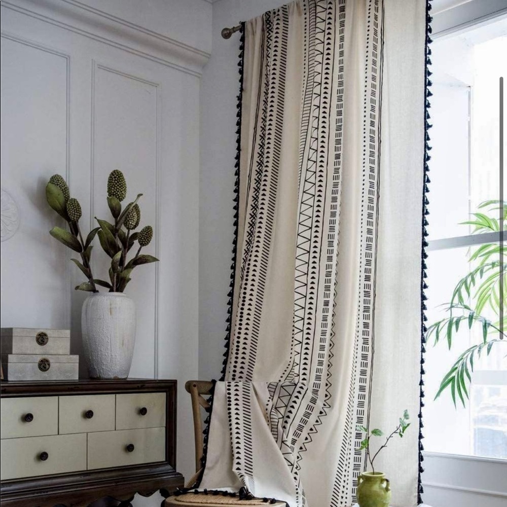 BBSET Bohemian Geometric Tassel Window Curtains Semi Blackout